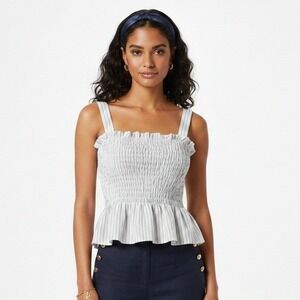 IVIVI White Pinstripe Smocked Peplum Tank Top Ruffle Square Neck Nautical Size L